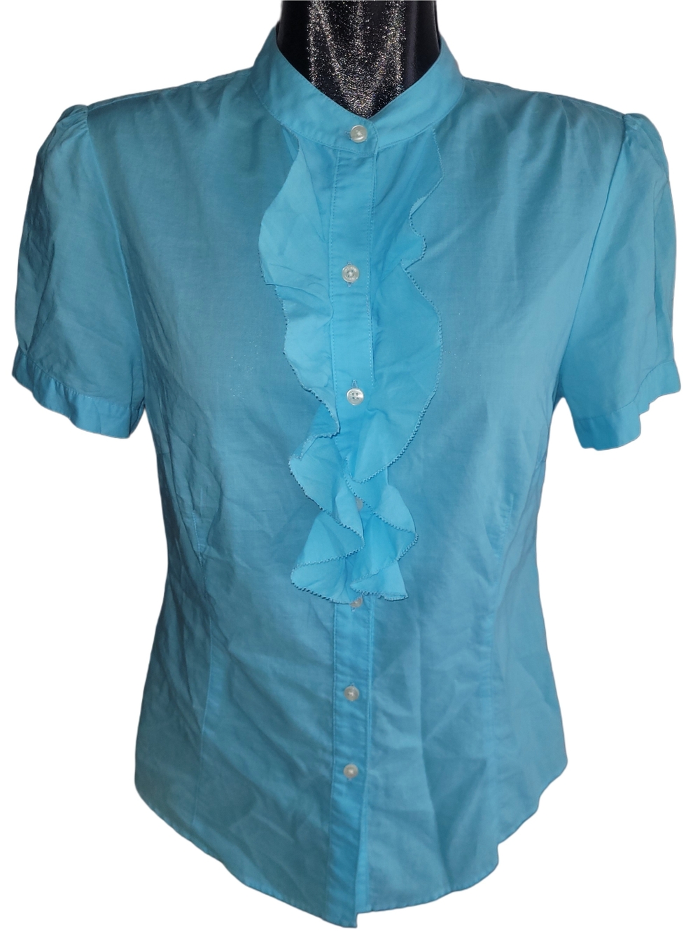 L.L.Bean Light Blue Short Puff Sleeve Button-Up Ruffle Placket Cotton Blouse M